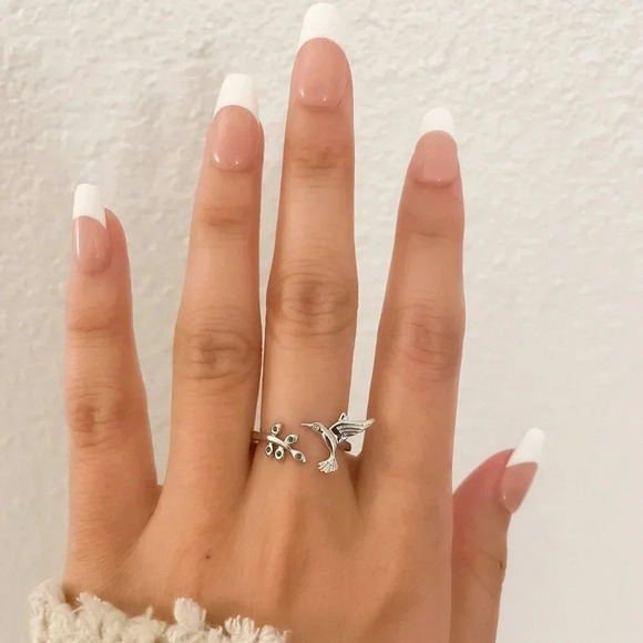 925 Sterling Silver Hummingbird Ring Bird Ring Tree Branch Ring Leaf Ring - Picture 3 of 9